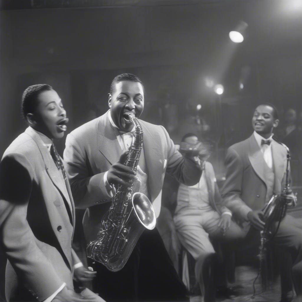 Louis Jordan performing with his band, showcasing the energetic style of jump blues.