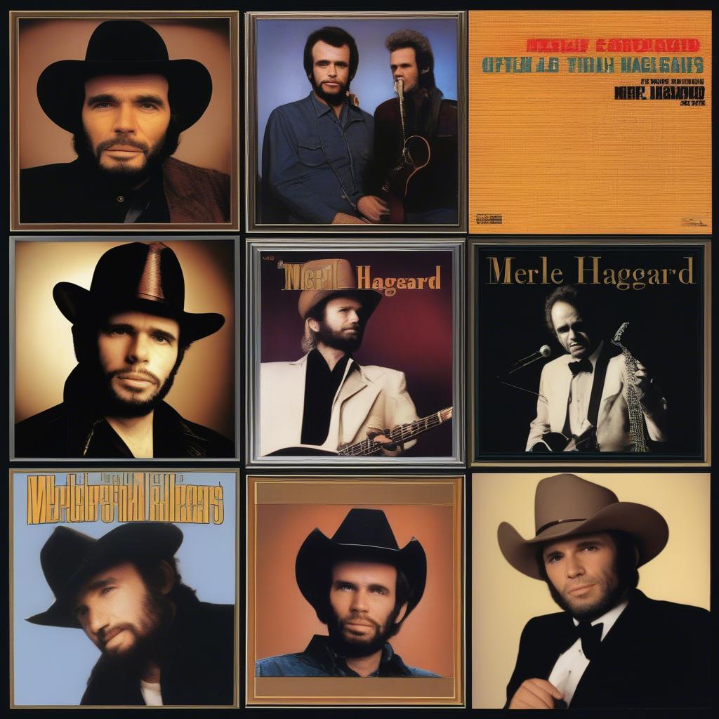 A collage of Merle Haggard's album covers