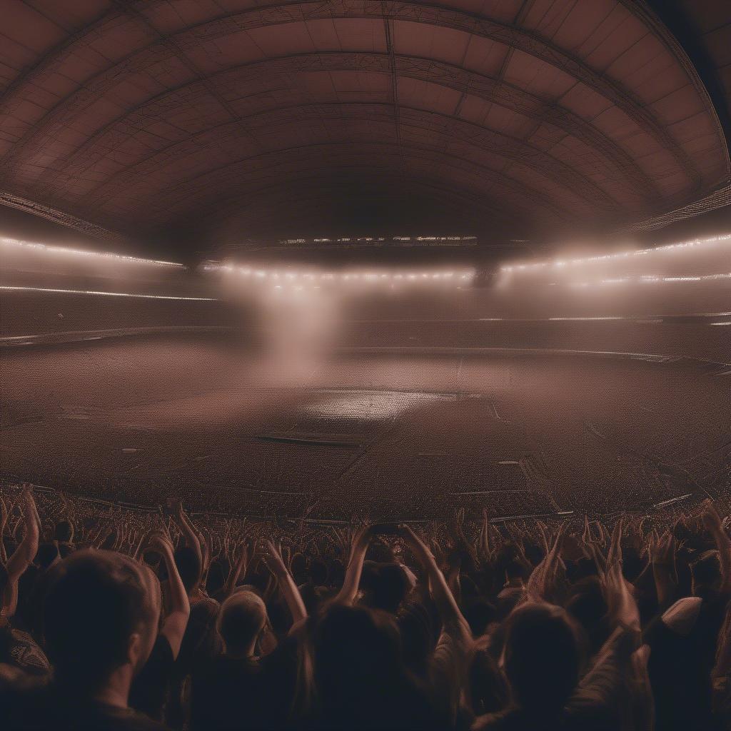 A sea of Metallica fans at a concert, hands raised in the air