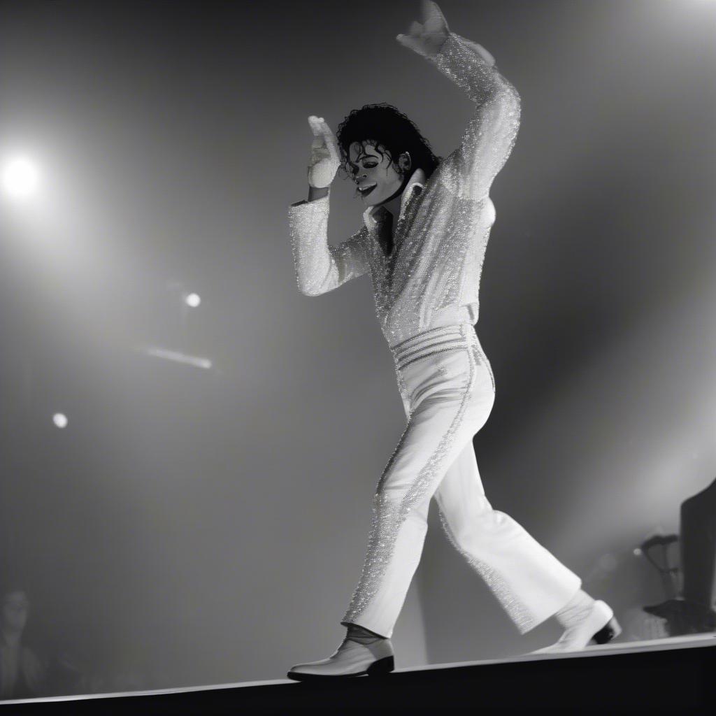 Michael Jackson performing his signature moonwalk dance move on stage.