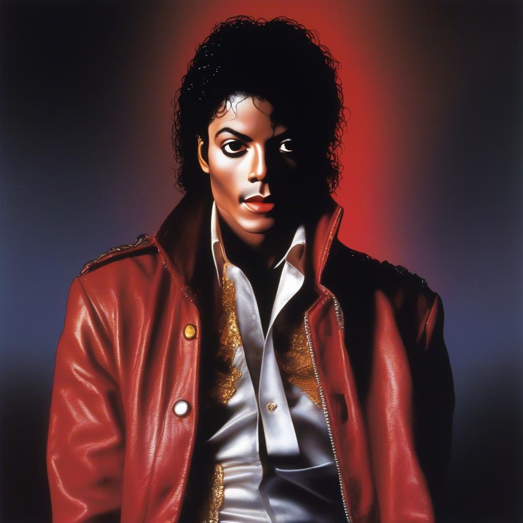 Iconic Thriller album cover featuring Michael Jackson in his signature red jacket.