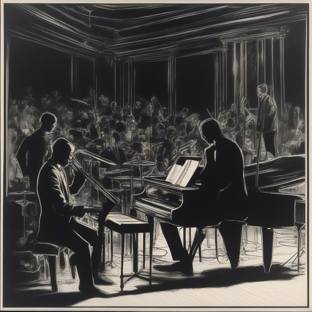 A vibrant image of a contemporary jazz piano trio performing in a dimly lit club, the pianist's hands moving rhythmically across the keys, the bassist and drummer providing a dynamic backdrop.