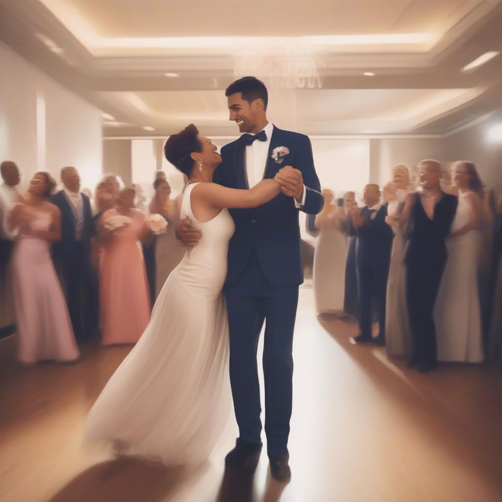 A modern mother and son dancing at a wedding reception, with upbeat music and joyful expressions.