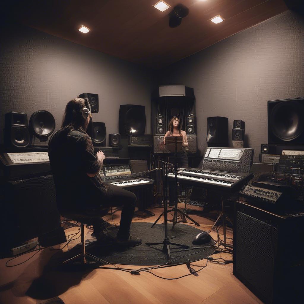 Modern rock band recording in a studio