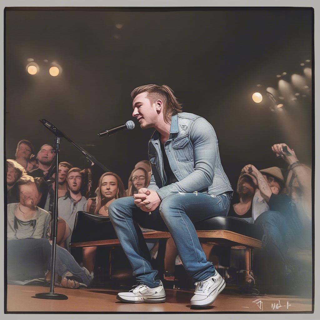 Close-up of Morgan Wallen singing "Wasted on You" with an emotional expression.