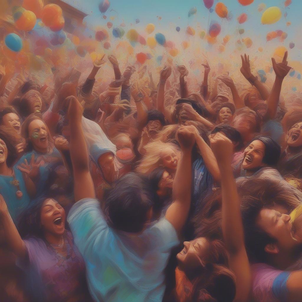 Music and Celebration - An image of a crowd at a concert, cheering and singing along, with colorful stage lights and confetti in the air.