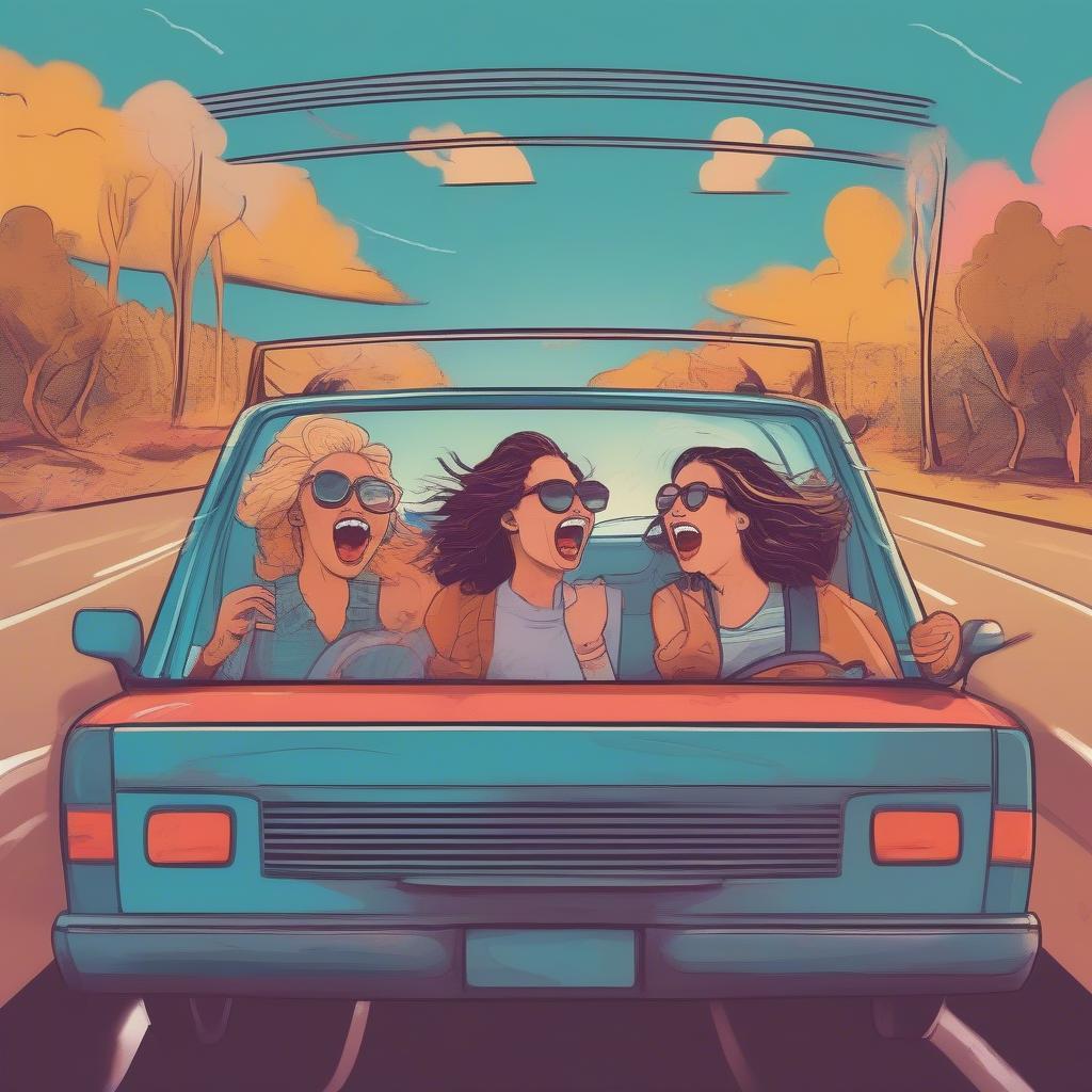 Personalized road trip music: a group of friends in a car, singing along to their favorite songs.