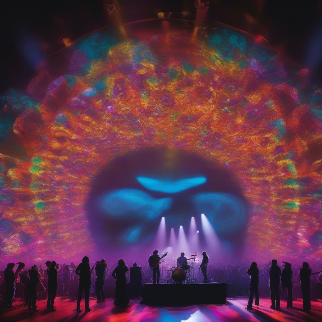 Psychedelic rock concert with vibrant light show and enthusiastic audience