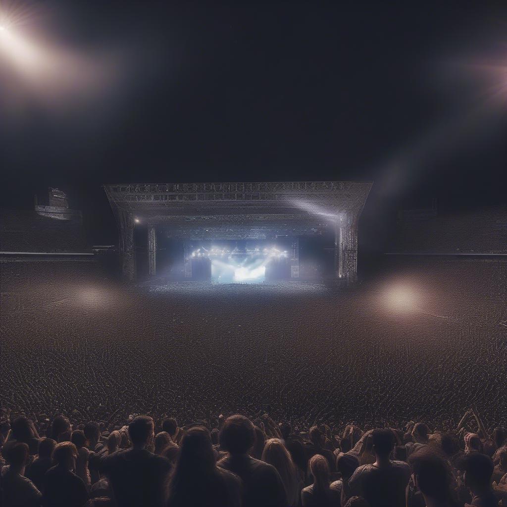 A packed stadium with fans cheering as a rock band performs on stage, demonstrating the cultural impact and mass appeal of rock music.