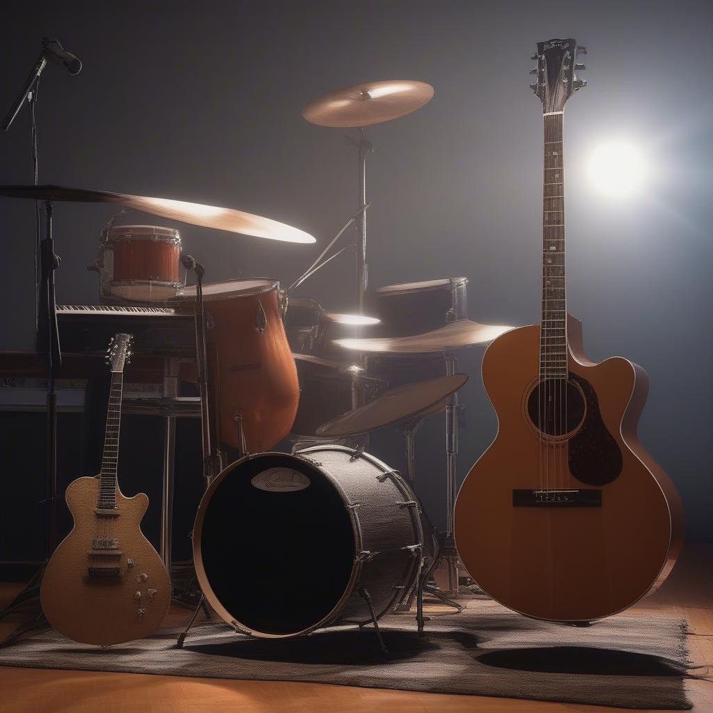 Soft Rock Instruments: An image showcasing the core instruments of soft rock - acoustic guitar, piano, bass guitar, and drums - arranged in a studio setting.