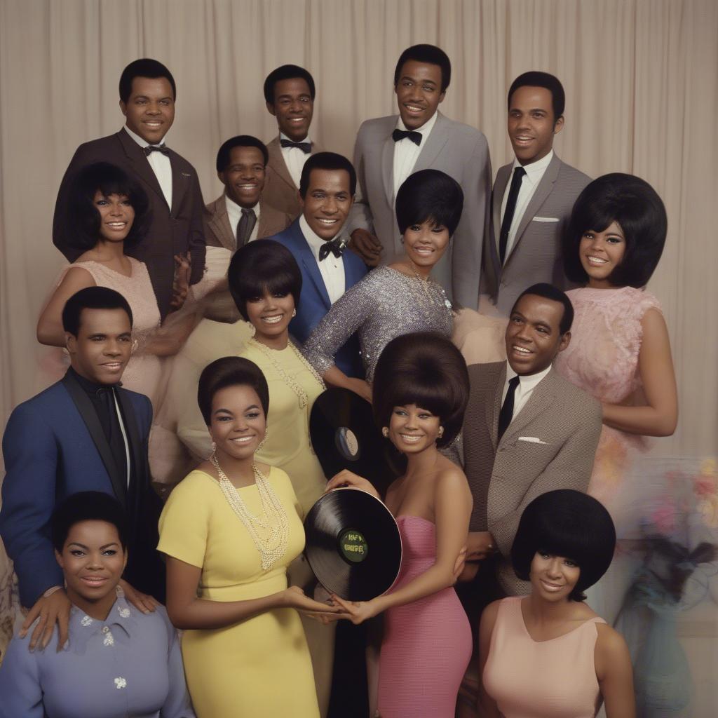 Soul and Motown Artists of 1965:  Images of prominent soul and Motown artists like The Supremes, The Temptations, and Marvin Gaye.