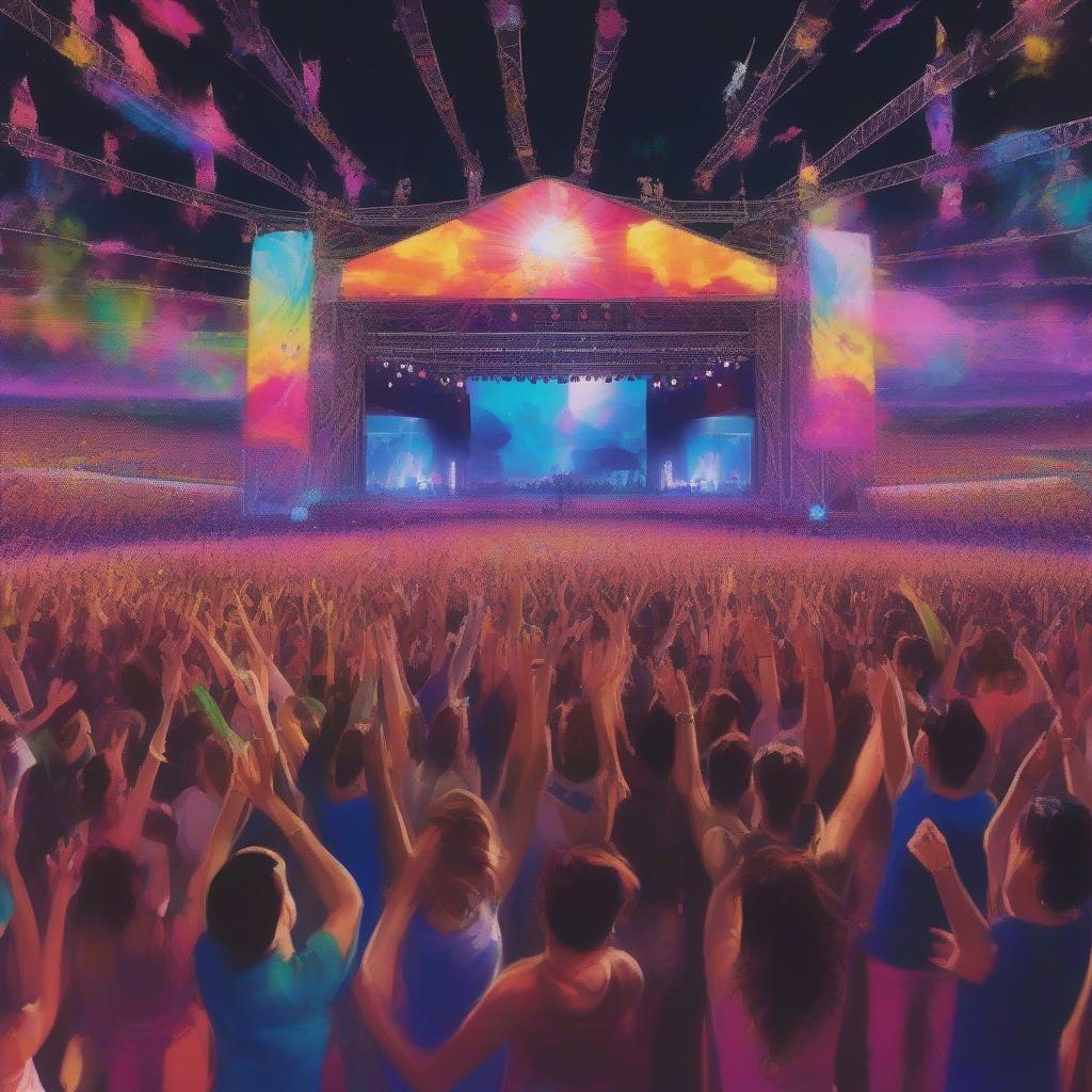 A large crowd cheering and dancing at a summer music festival.