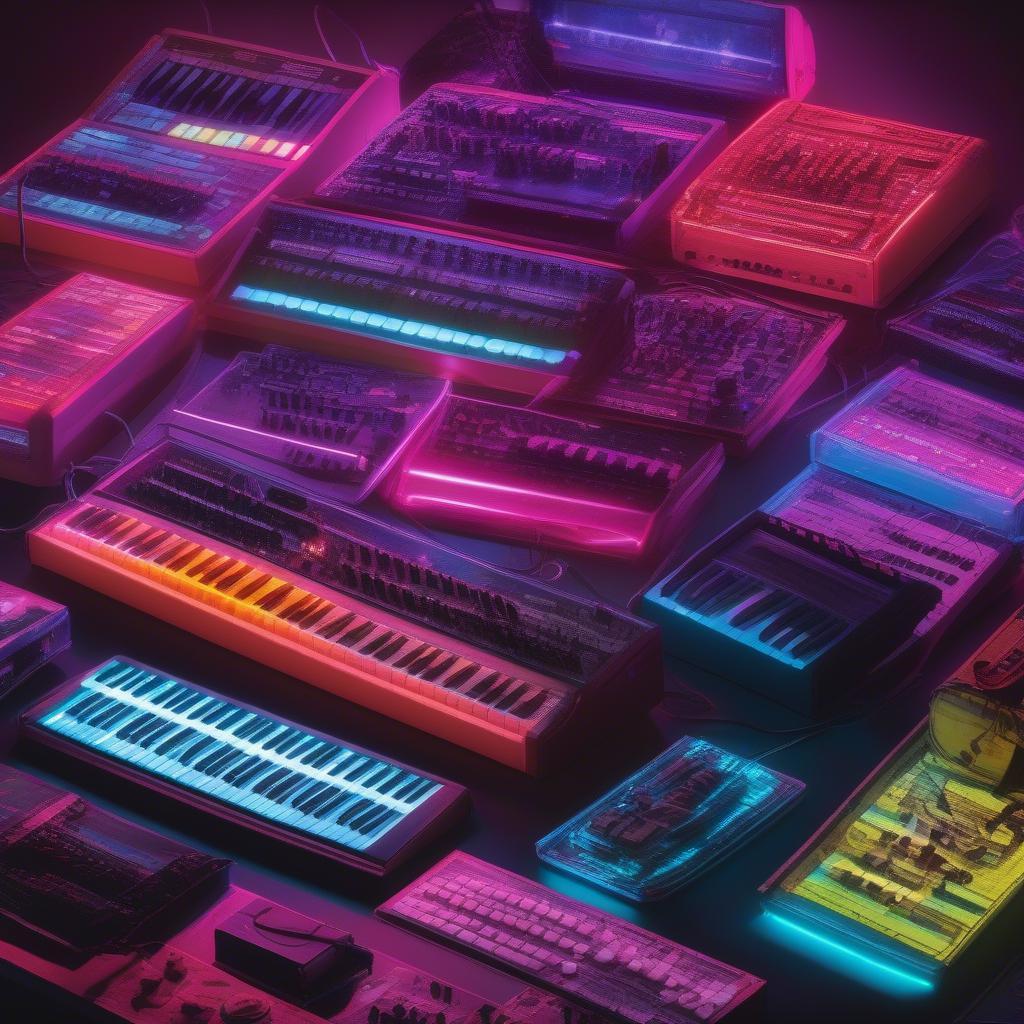 Synthesizers and keyboards representing 80s synthpop and new wave music.