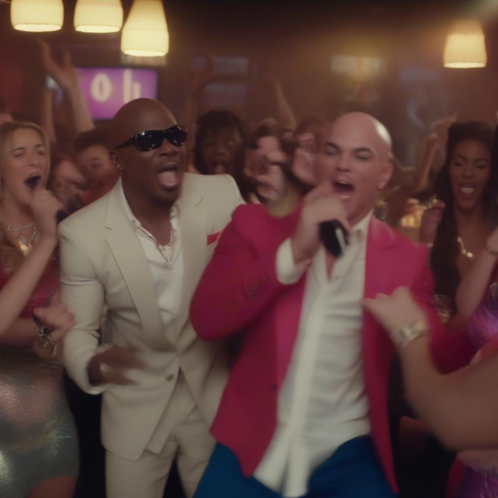 Pitbull and Ne-Yo singing Time of Our Lives in a karaoke bar.