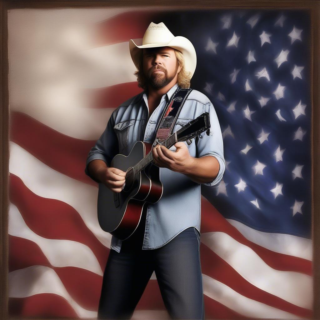 Toby Keith standing proudly in front of a large American flag, symbolizing his patriotic themes and music.