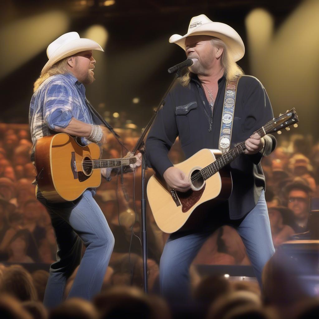 Toby Keith and Willie Nelson performing "Beer for My Horses" live on stage, showcasing their iconic duet and powerful country music synergy.