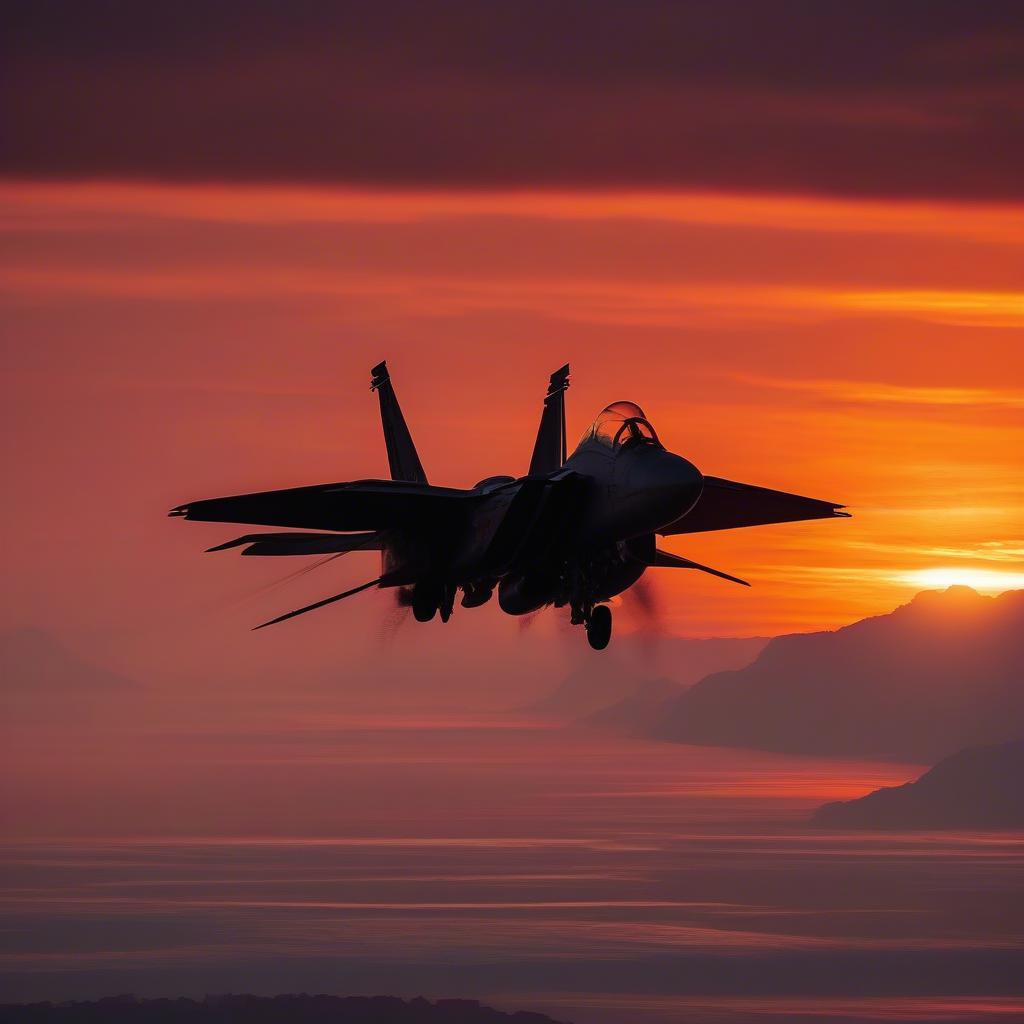 Silhouette of fighter jets against a vibrant sunset