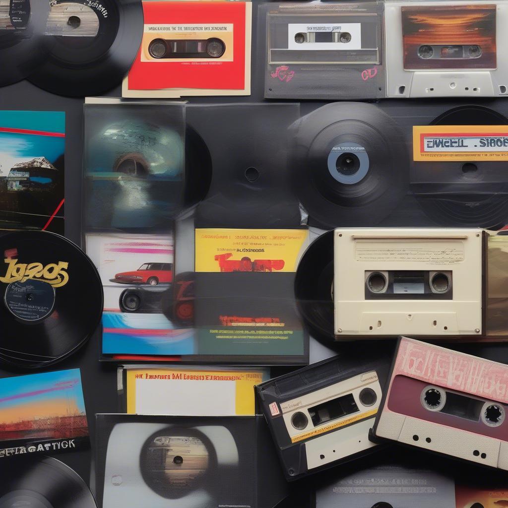 Top Hits of 1982 - Vinyl records and cassette tapes of popular songs from 1982, representing the dominant music formats of the era.