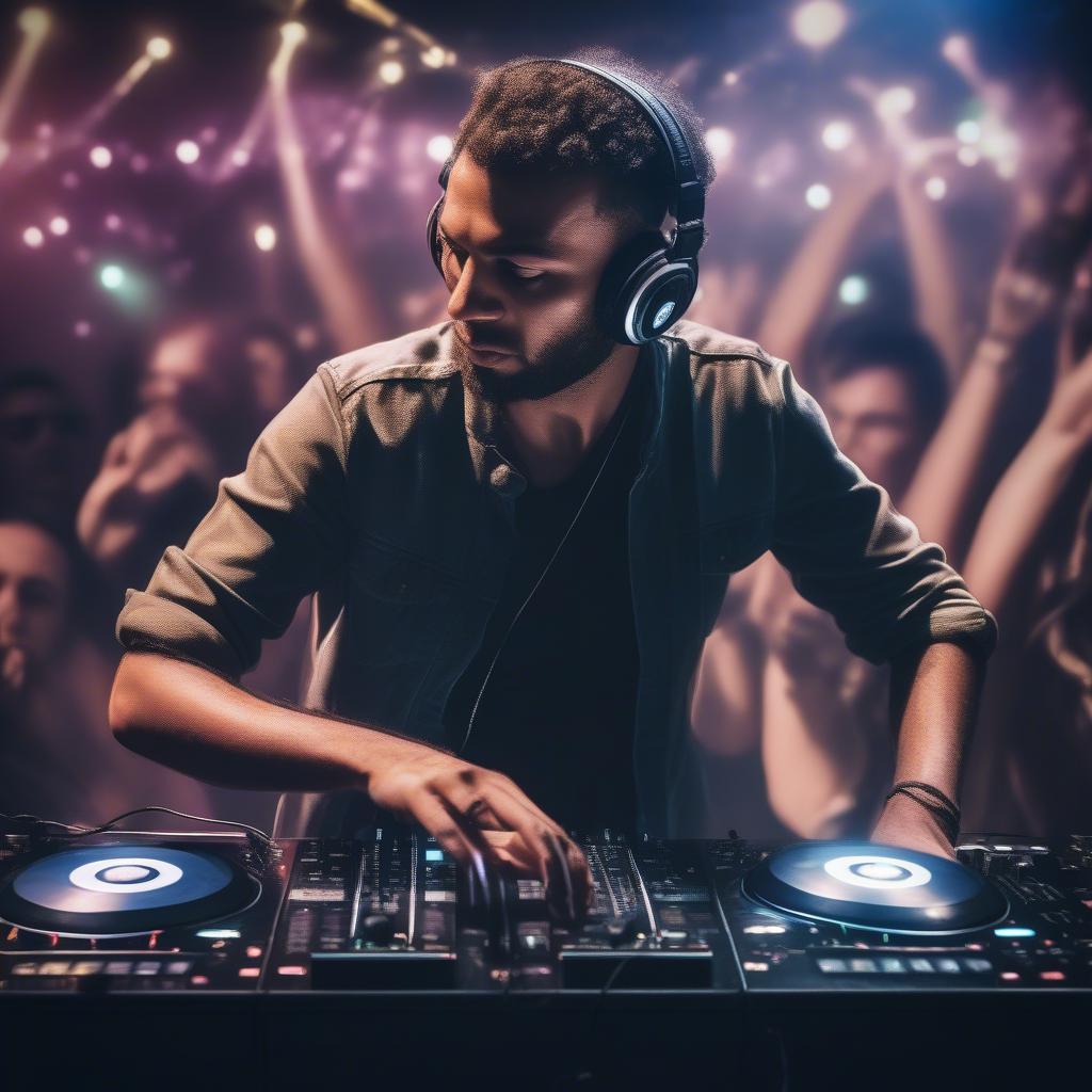 A DJ performing at a party, manipulating a mixing console with headphones on.