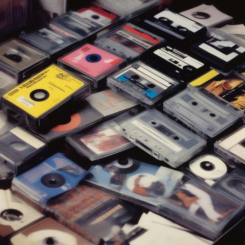 Top Songs of April 1994: A collection of cassette tapes and CDs representing the top hits of April 1994, evoking the nostalgia of the era's music consumption.