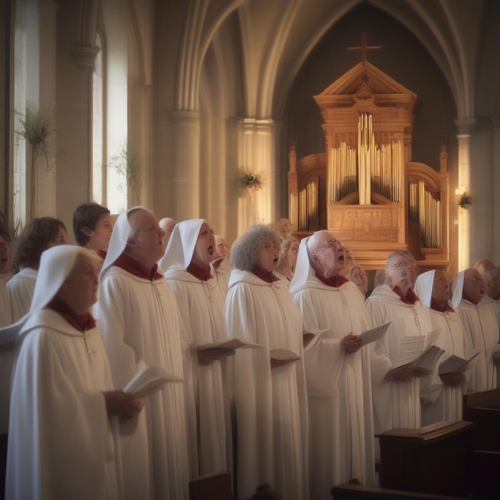 A choir singing traditional Easter hymns in a church.