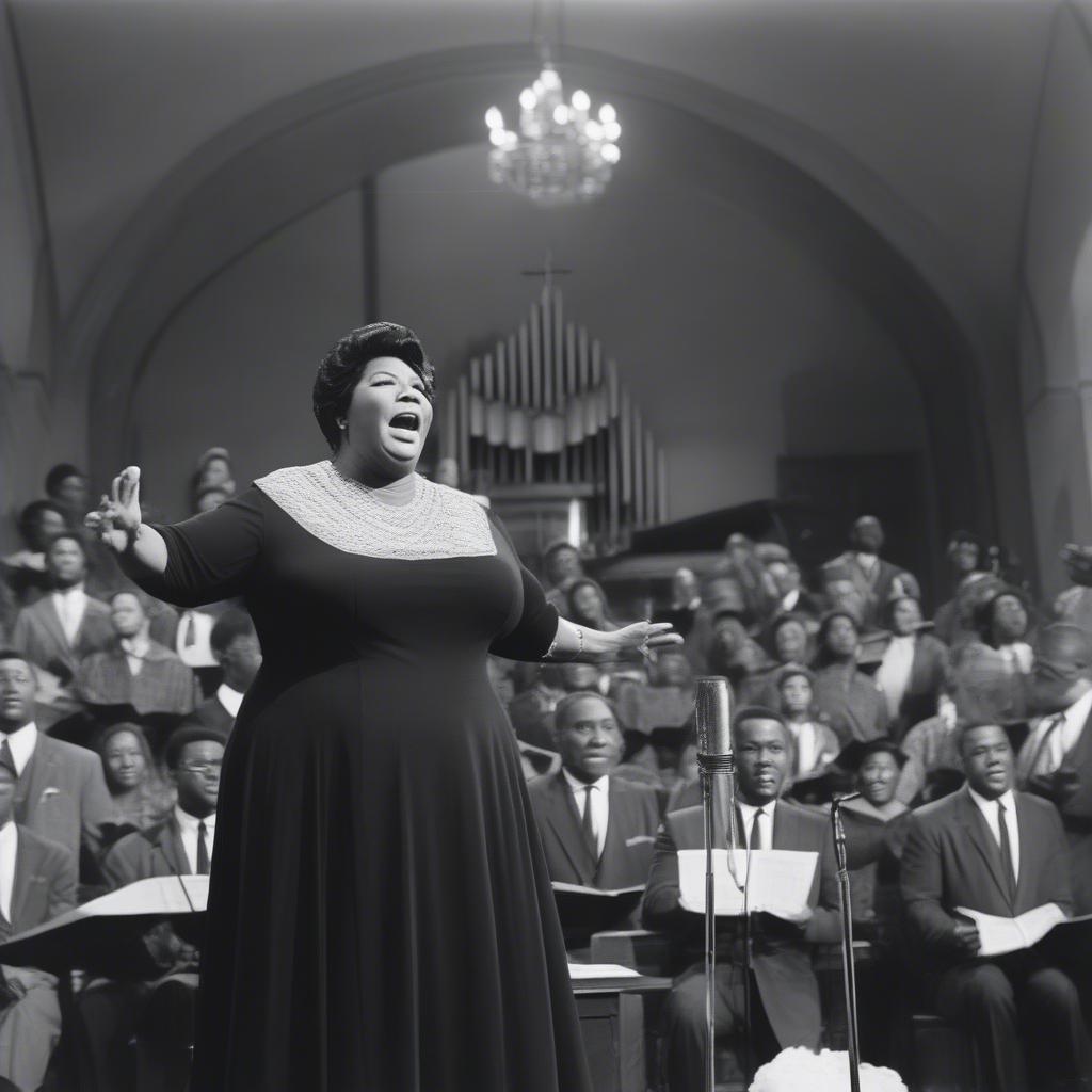 Mahalia Jackson performing in a church with a microphone and a choir in the background.