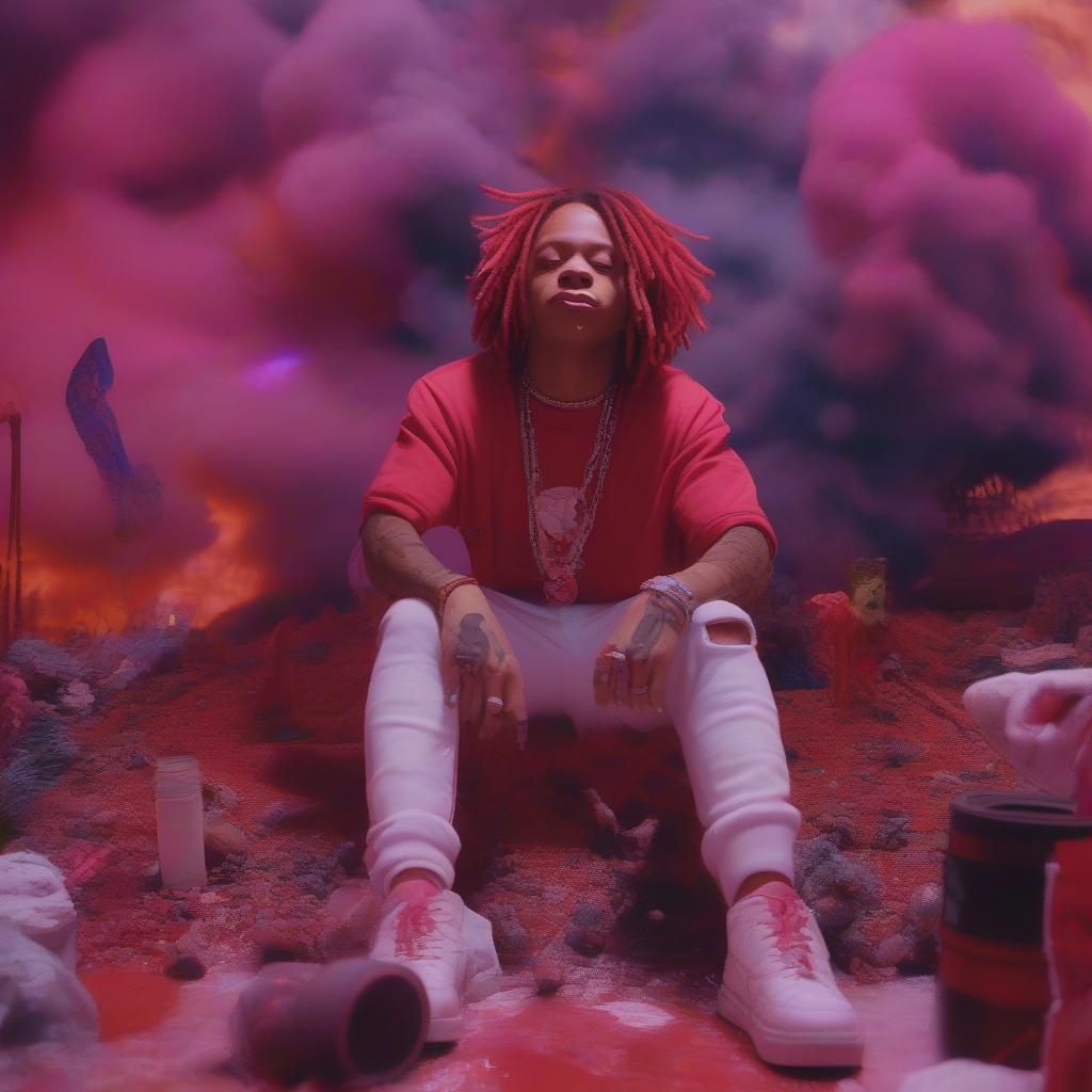 A still from a Trippie Redd music video featuring vibrant visuals and symbolic imagery.