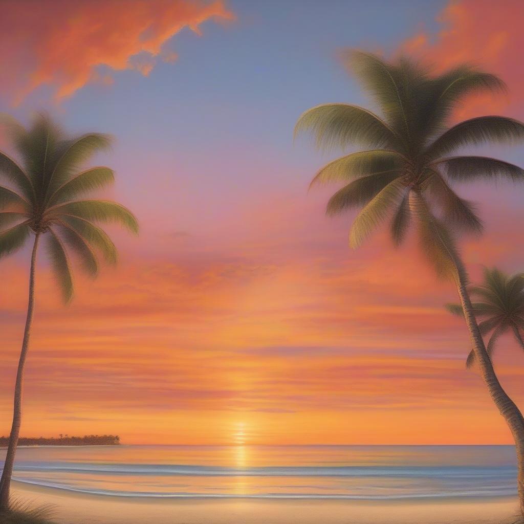 A breathtaking sunset over a tranquil tropical beach, capturing the essence of escapism and relaxation often found in Jimmy Buffett's music.