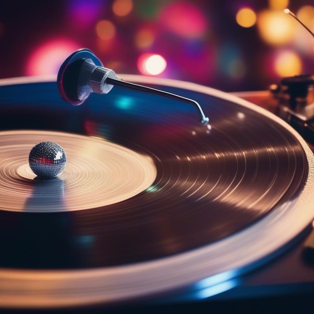 A vinyl record spinning next to a glittering disco ball