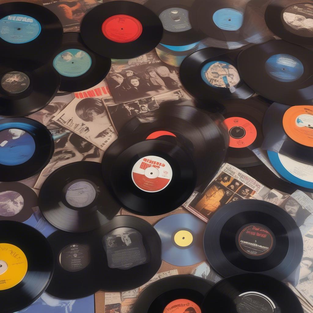 A collection of vinyl records featuring iconic 60s rock albums