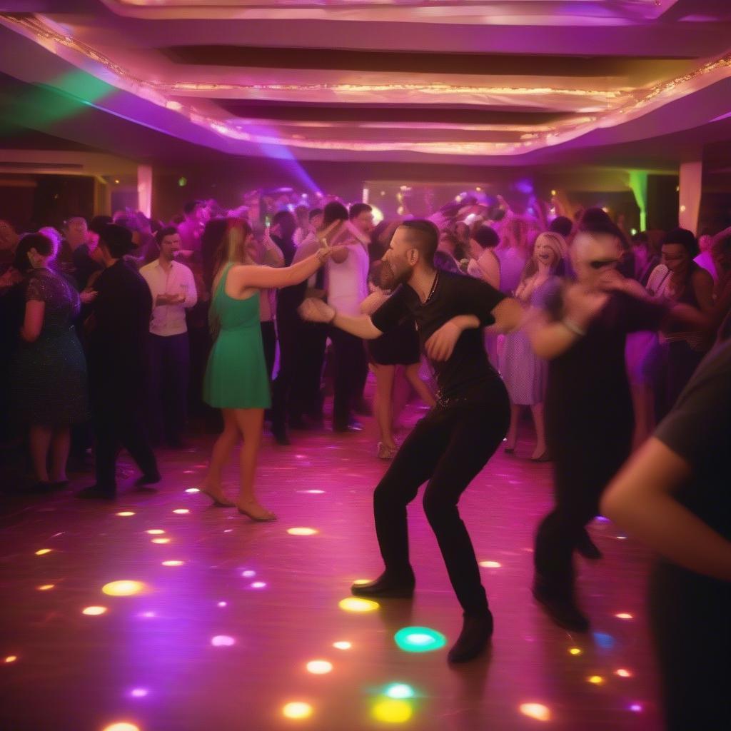 Guests dancing and enjoying themselves at a wedding reception.