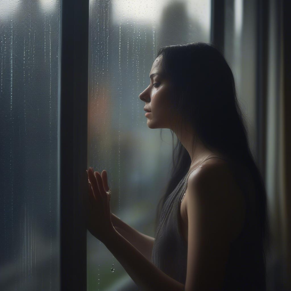 Woman Looking Out Window at Rain