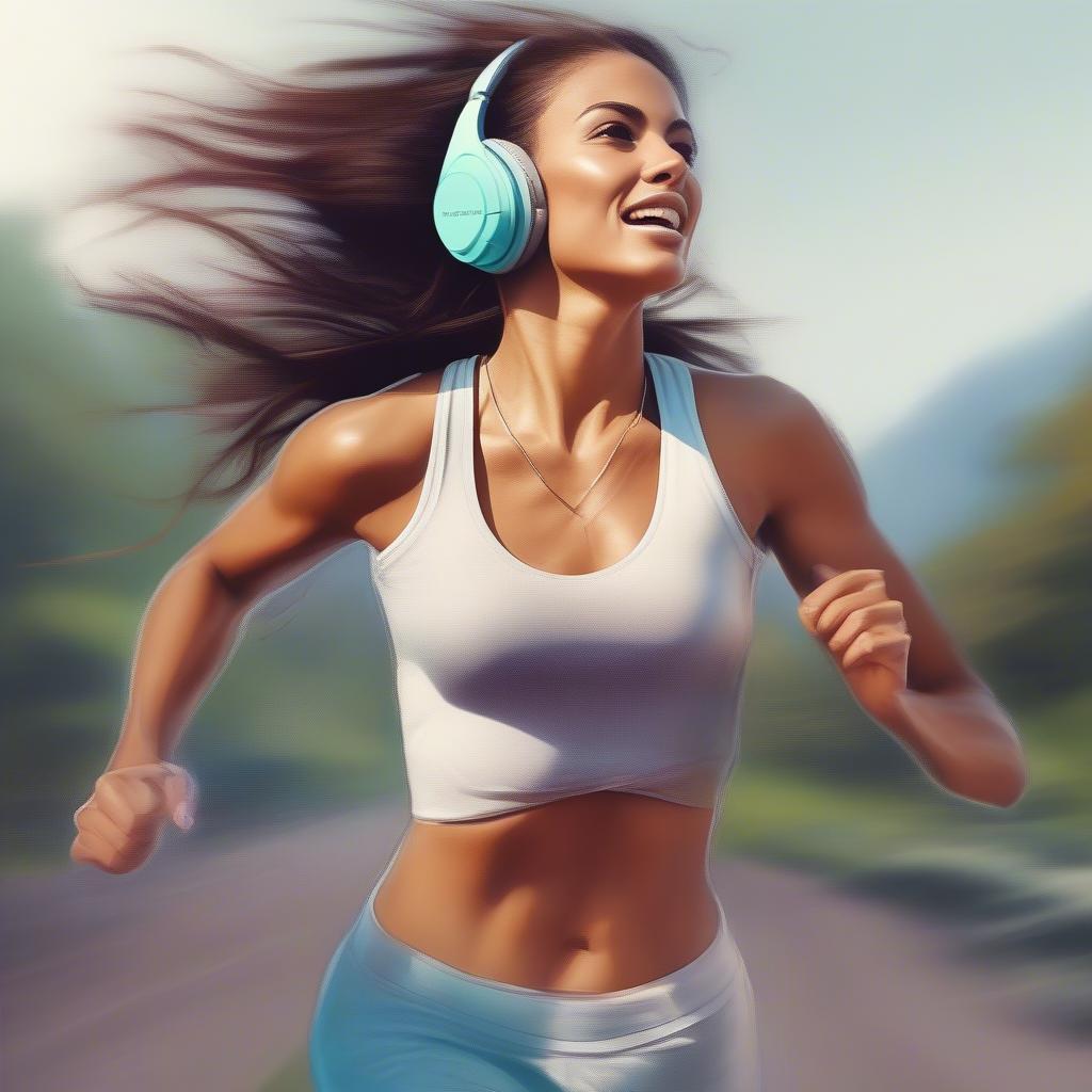 Woman Running with Headphones and a Determined Expression