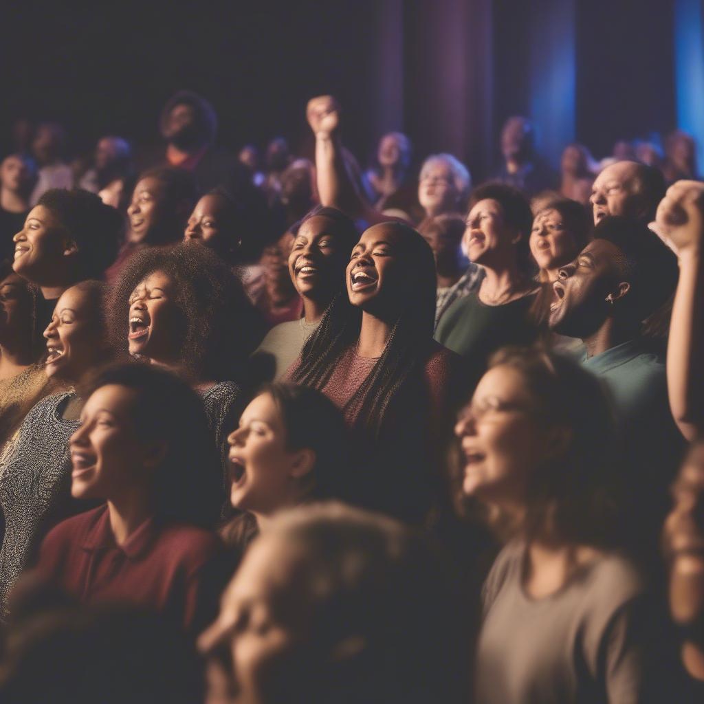 People singing together in a church service representing the community fostered by worship music in 2014.