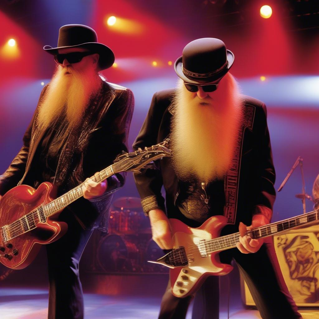 ZZ Top performing live, showcasing their energetic stage presence.